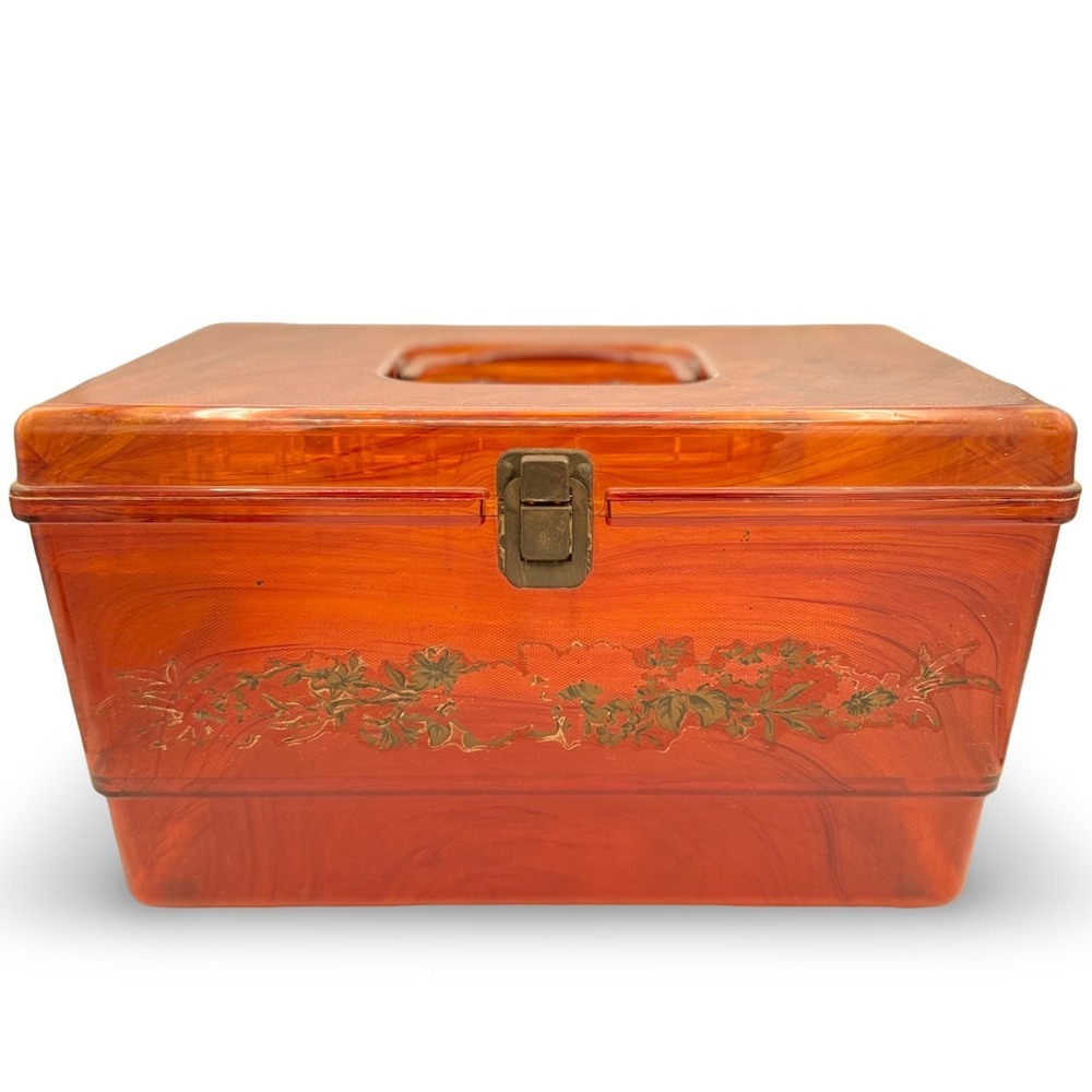 Vintage Wilson Wil-Hold Orange Plastic Sewing Box Amber Translucent Tray USA 14"